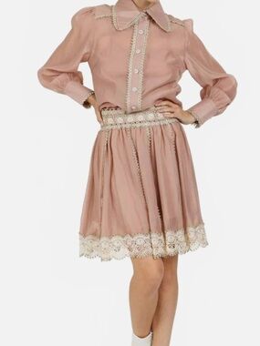 BEULAHSTYLE Lace Trim Detail Chiffon Shirt & Mini Skirt Set In Tan